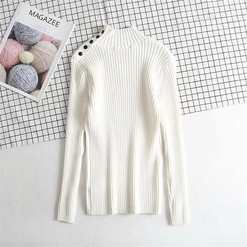 

Spring and autumn new casual half turtleneck knitted long-sleeved sweater, shoulder button solid color pullover sweater women