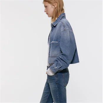 

2020 ZA Fashion New Ladies Denim Jacket Spring Short Denim Jacket Jacket Boho Women's Lapel Long Sleeve Jacket Coat Party Gift