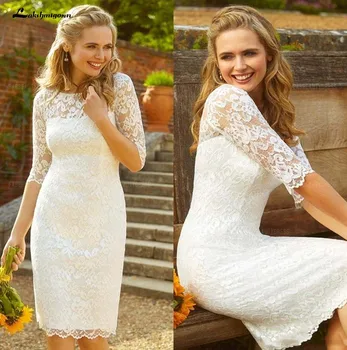 

2020 Country Short Lace Wedding Dress Jewel Neck 3/4 Sleeve Garden Country Vintage Sexy Short Cheap Wedding Bridal Dress Bridal