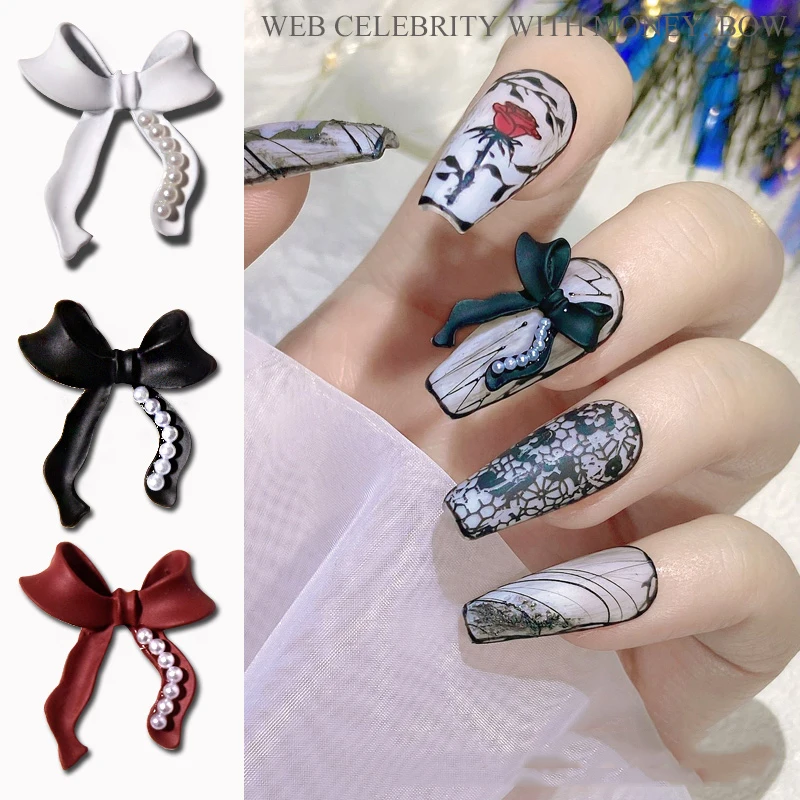 5Pcs Black/White 3D Charm Pearls Alloy Bow Nail Art Decorations Burgundy Red Matte Bowknots Nails Jewelry Manicure Accessories | Красота и