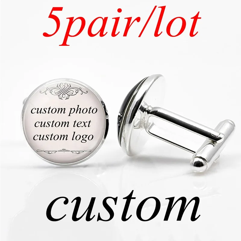 5 Pair/lot Wholesale Custom Photo Company Logo Text Cufflinks Glass Alloy Cuff Links Men Silver Color Wedding Cufflinks Gift