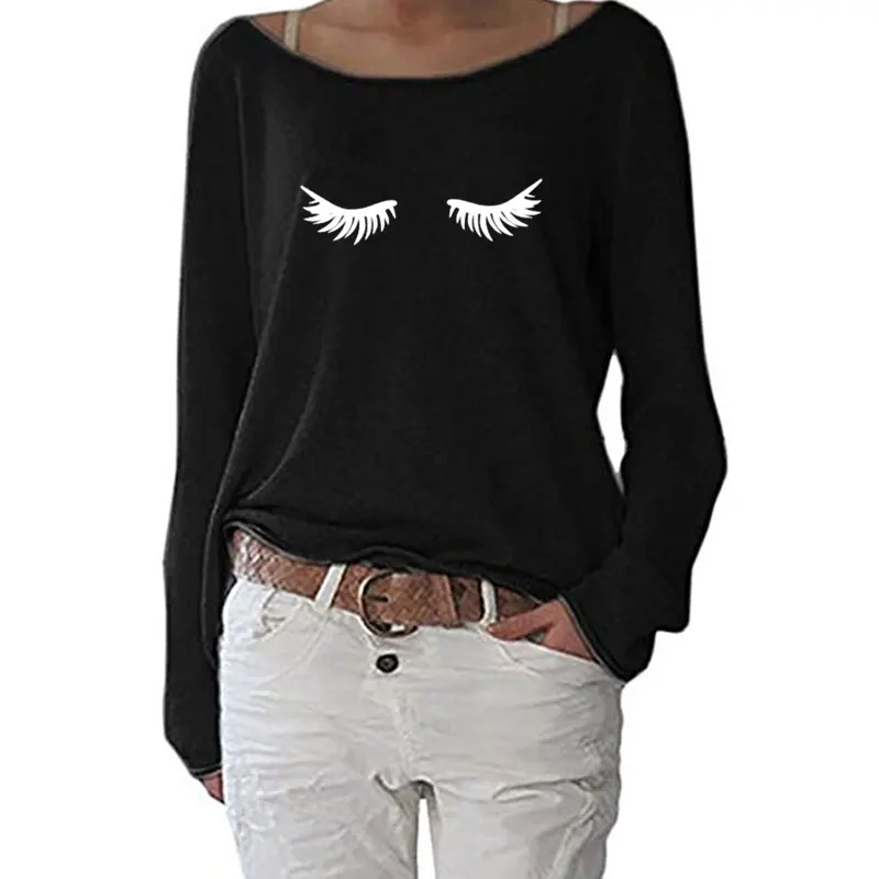

Футболка женская с длинным рукавом, модный Забавный топ с принтом ресниц для макияжа, Повседневная Уличная одежда, осень