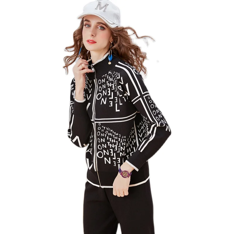 

2020 New Women Set Cotton Full Office Lady Zipper Turtleneck With Cloth And Pants Elastic Waist Knitted Women Elegant Winter Set