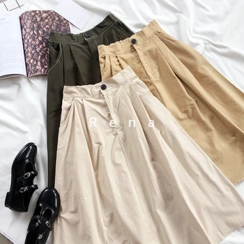 

Harajuku Vintage High Waist Skirt Women Casual Loose A-line Maxi Skirt Female Fashion Green Khaki Spring Bottoms