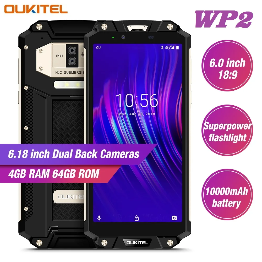  OUKITEL WP2 4G Android 8.0 Smartphone 6.0 Inch Phablet MT6750T 4GB RAM 64GB ROM NFC Waterproof Shoc