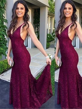 

Trumpet Mermaid Sleeveless V-Neck Sweep Brush Train Lace vestidos de noite robe de soiree abendkleider avondjurken
