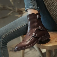 2026 Autumn New Woman Buckle Chelsea Boots Handmade Genuine Leather Round Toe Shoes Quality Buckle Square Low Heel Lady Boots