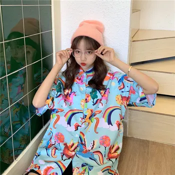 

Lychee Girls Japanese Cartoon Unicorn Women Shirt Blouse Full Print Buttons Female Shirts Tops Casual Loose Summer Lady Blouses
