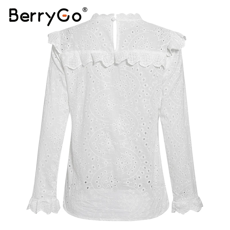 BerryGo, открытая хлопковая белая блузка, женская, винтажная, с рюшами, весна-лето, рубашка, топ, женская, новая, шикарная, модная блузка, рубашка, blusas