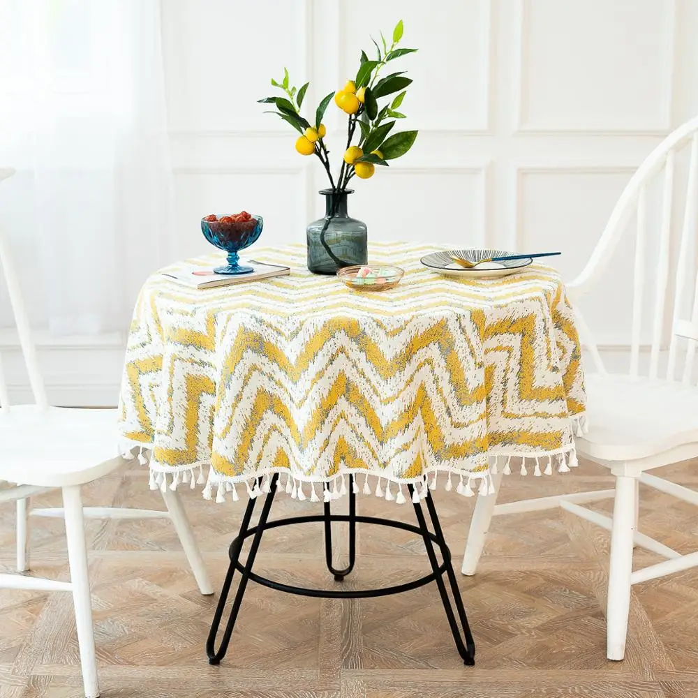 

Tassel Waves Round Tablecloth Cotton Linen Party Restaurant Kitchen Dinner Table Desk Cloth Picnic Mat Cover Home Decoration