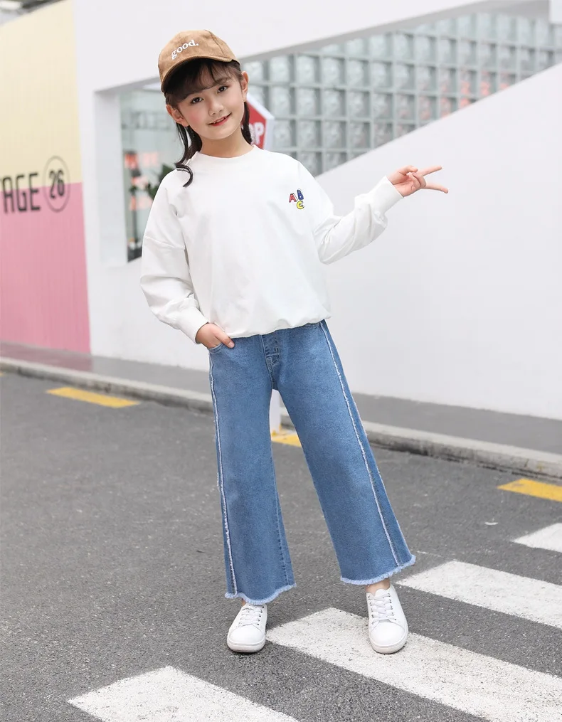 [] Джинсы для девочек; коллекция года; сезон весна; стиль; детские свободные брюки; Прямые брюки; модные длинные брюки для больших мальчиков
