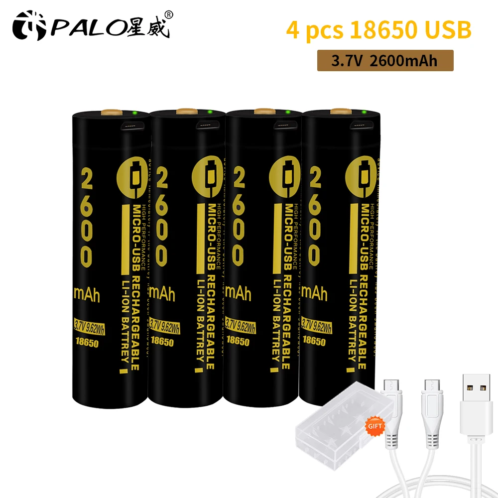

4pc 18650 USB charge rechargeable battery 3.7v 2600mAh original LED light smart charge lithium li-ion li ion liion batteries