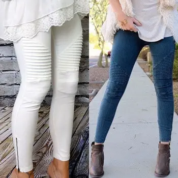 

Women Casual Slim Fit Skinny Jeans Cotton High Waist Long Pants Cool Pleated Distressed Stretchy Denim Pencil Trousers