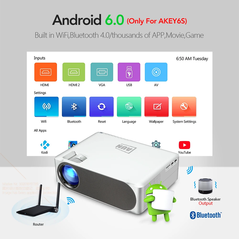 AUN Full HD Projector AKEY6S, 1920*1080P, 6,800 Lumens, Android 6.0 WIFI Video Beamer, LED MINI Projector for 4K 3D Home Cinema. AUN Full HD Projector AKEY6S, 1920*1080P, 6,800 Lumens, Android 6.0 WIFI Video Beamer, LED MINI Projector for 4K 3D Home Cinema.