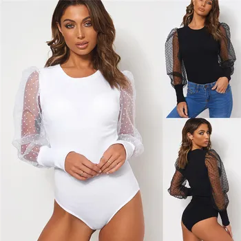 

Elegant Women Ladies Long Puff Sleeve Bodysuit Stretch Bodysuit Polka Dot Print See Through Mesh Leotard Bandage Bodycon Rompers