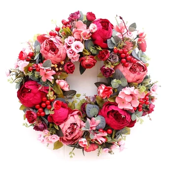 

Artificial Wreath Autumn Red Peony Wreath Christmas Door Ornaments Wall Hanging Wreath Home Decoration