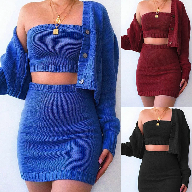

NEW Solid Knitted 3 Pieces Set Women Single-Breasted Cardigan + Short Sleeve Pullover Tops + Tights Skirt Suit Women Sets 2020