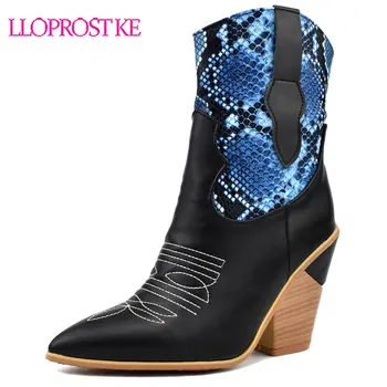 

Lloprost ke 2020 big size 48 ankle boots women mixed colors snake pointed toe wedges shoes cowboy european western boots woman