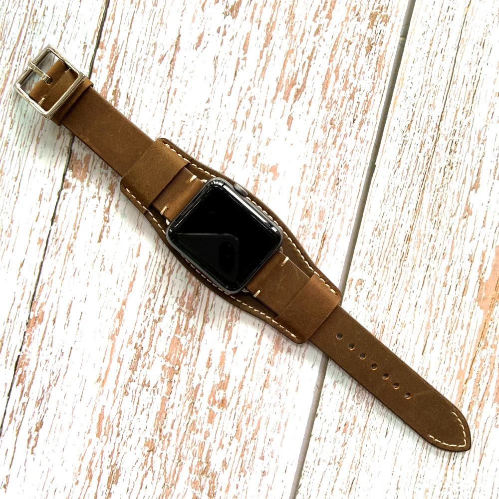Роскошный браслет из воловьей кожи в стиле панк для Apple Watch Band 40 мм 44 38 42 ремешок