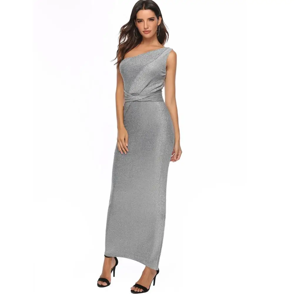 

Long Formal Evening Dresses Sliver One Shoulder Gray Side Slit Women Event Dress Gown In Stock