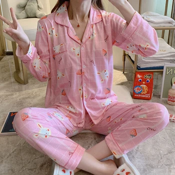 

Spring Lapel Pajama Sets For Women Summer Casual Comfortable Pyjamas For Girl Long Sleeve 2 Pcs Indoor Wear Home Suits