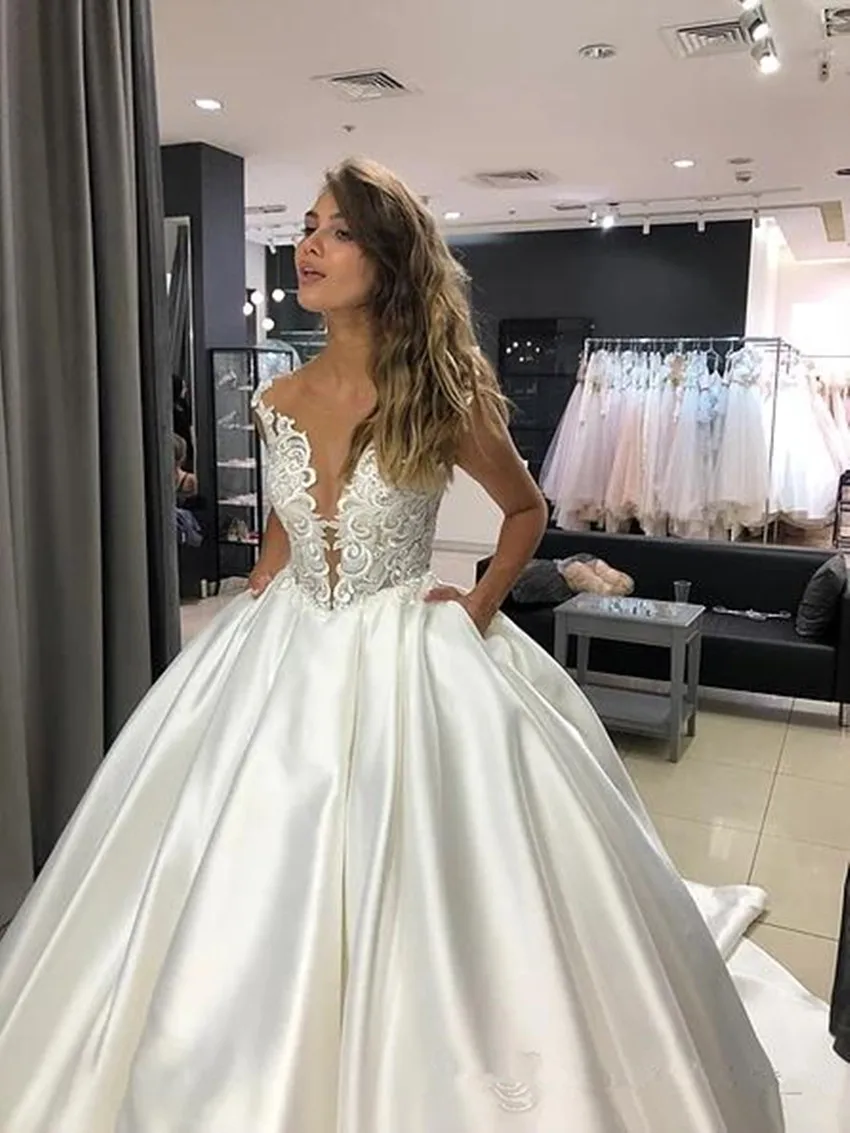 Винтажные атласные свадебные платья robe de mariee с v-образным вырезом и открытыми плечами, свадебные платья на заказ, свадебное платье трапециевидной формы