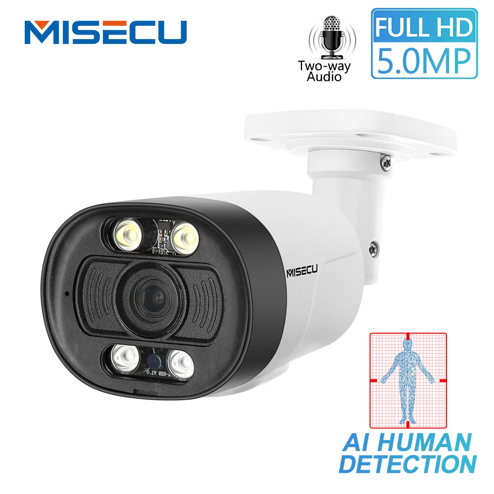 MISECU H.265 Super HD 5MP Two-way Audio Security POE IP Camera Human Detection Outdoor Waterproof AI Camera ONVIF for POE NVR