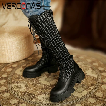 

VERCONAS Autumn Winter Warm New Women Knee-High Boots Genuine Leather Fashion Pleated Cross-Tied Shoes Casual Long Boots Woman