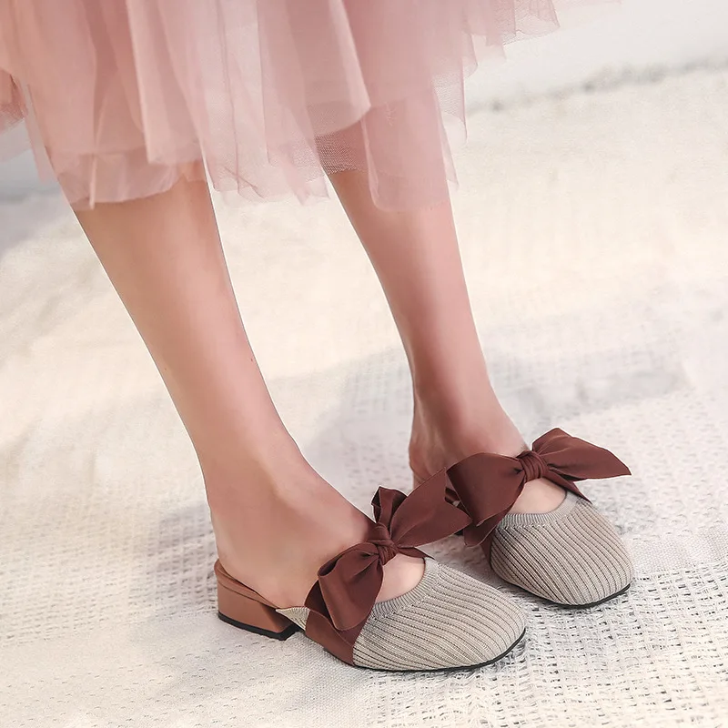 knitting square close chunky mules slides trendy casual bow-knot shallow slingback loafers breathable fly weave slippers autumn