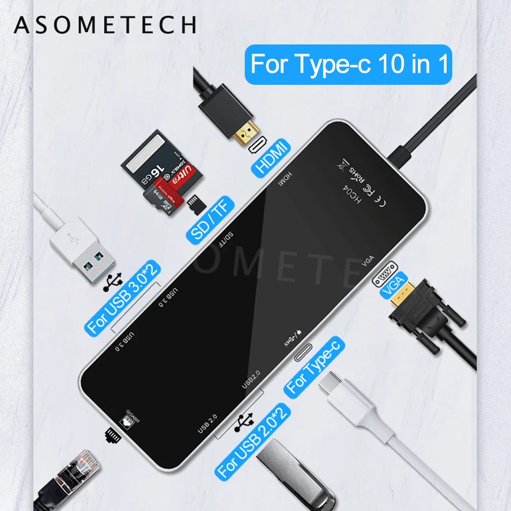 Разветвитель док станции 10 в 1 USB 3 0 HDMI VGA RJ45 портов|USB-хабы| |