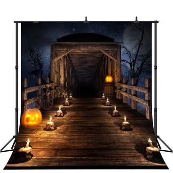 

Lyavshi Full Moon Night Starry Sky Halloween Background Wooden Bridge Skulls Candle Light Pumpkin Lanterns Kids Photo Backdrop