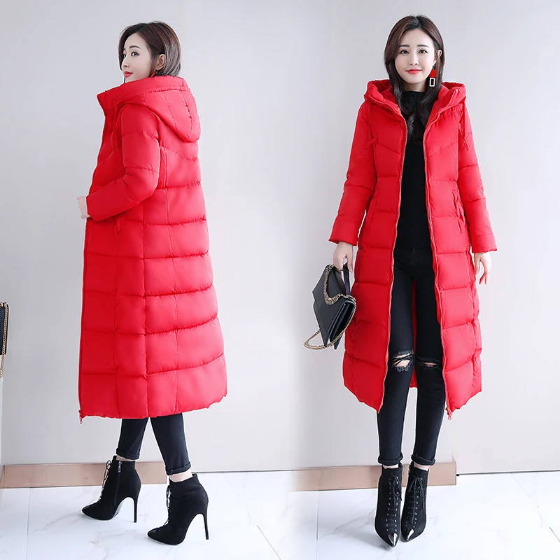 Зимнее пальто Новое плотное длинное облегающее Модное теплое пуховое пальто с капюшоном - Цвет: Big Red