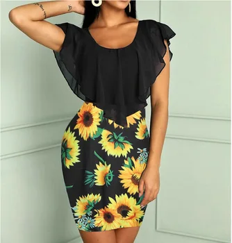 

Sleeveless Ruffles Summer Dress Women Sexy V Neck Floral Print Bodycon Short Dress Fashion Ladies Package Hip Party Mini Dresses