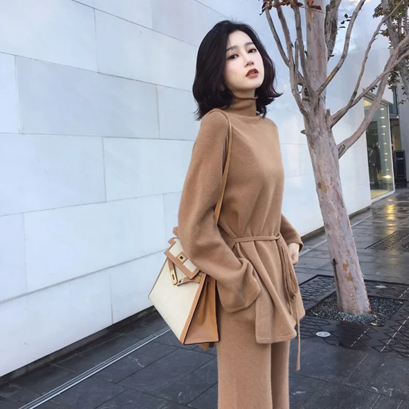 

Two-piece set autumn winter knitted women suit 2 piece set solid color turtleneck sweater knitted pants suit pullover sets S-XL