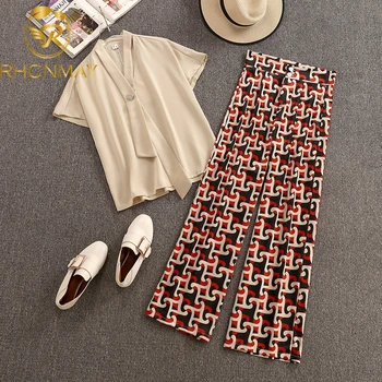

2020 Summer Office Fashion Two Piece Sets Women Short Sleeve V-neck Blouse + Printed Wide Leg Pants Suits Elegant Workwear Sets