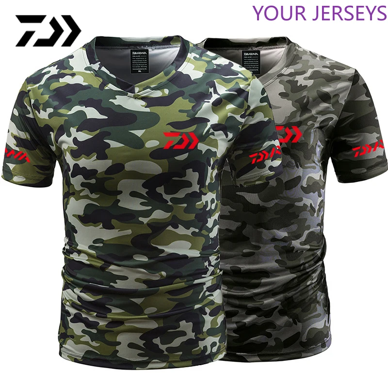 

Daiwa Fishing Tshirt Summer Anti-sweat V Neck Camouflage Green T-shirt Sports Wear Breathable Quick Dry Clothing Pesca DAIWA