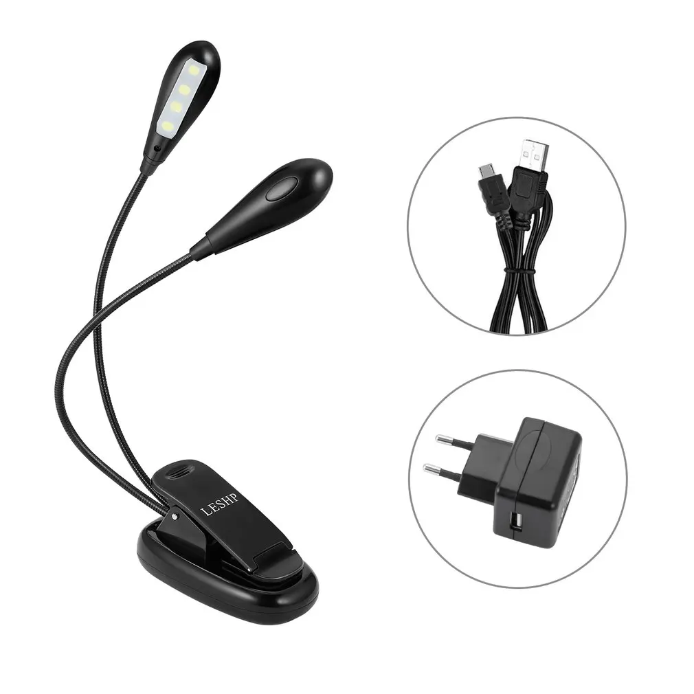 ICOCO LESHP 8LED книжный светильник с двойным полюсом и зажимом на музыкальной подставке светильник перезаряжаемый Регулируемый с регулируемой яркостью на шее встроенный аккумулятор 1000 мАч