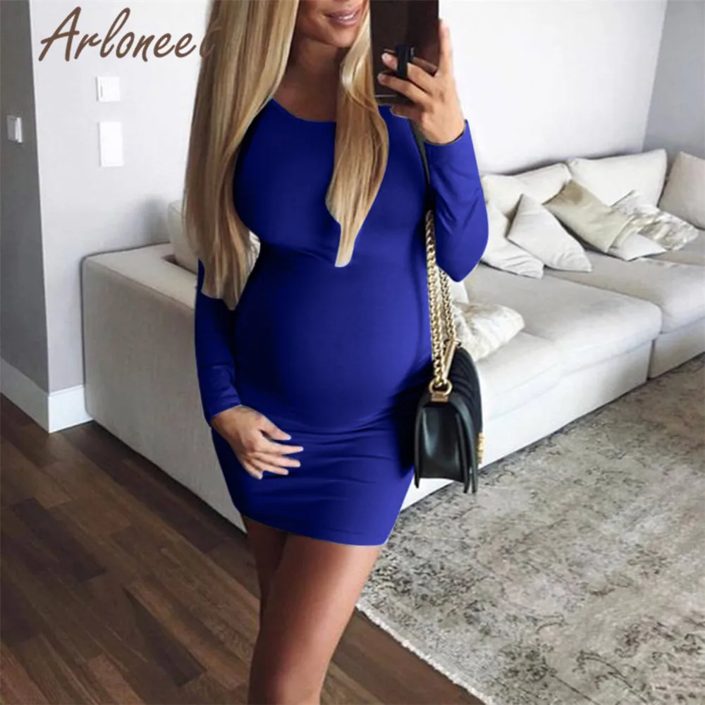 Одежда arloneet, женское платье для беременных, длинный рукав, однотонное полиэфирное платье, высокая эластичность, осень, сексуальное женское платье pregnanct Vestidos