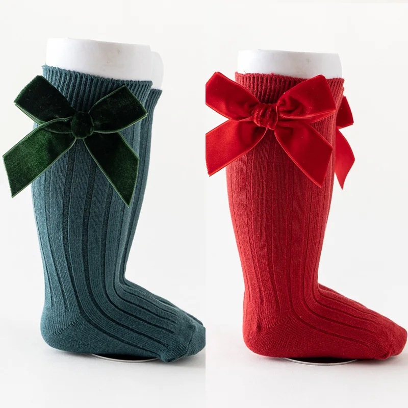 Baby Christmas Socks Autumn Winter Toddlers Kids Big Bow Knee High Long Girls Sock Soft Cotton Red Newborn Socken For 0-5 Years
