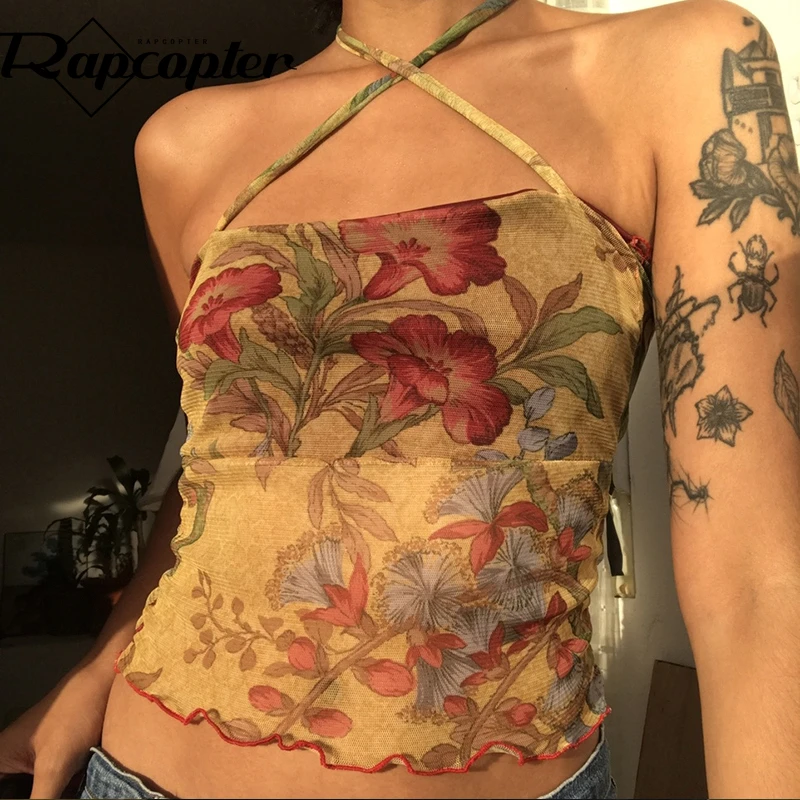 Rapcopter Floral y2k Crop Top Mesh See Through Sexy Corset Top Frill Cross Halter Sweats Female Summer Party Clubwear Cute Vests sleep camisole