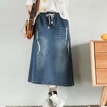 Johnature Осенняя простая Удобная универсальная женская джинсовая юбка Новая модная Ретро Юбка с карманами на завязках