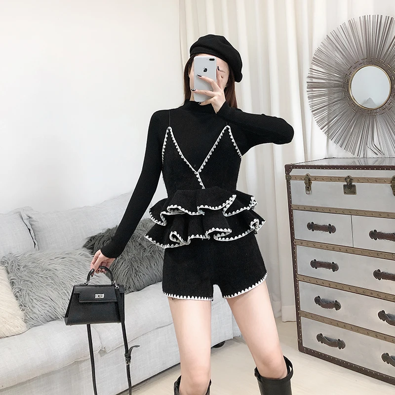 ALPHALMODA вязаный свитер + жилет с рюшами шорты Женский Стильный костюм из 3 предметов