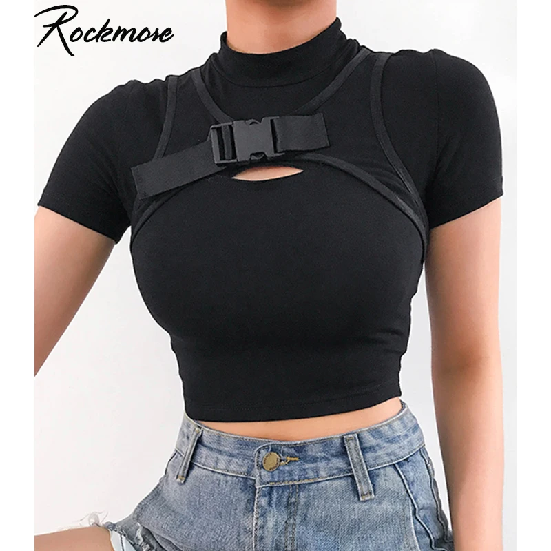 Rockmore черная облегающая Готическая футболка с пряжкой женские хлопковые открытые футболки с коротким рукавом женские повседневные футболки хип хоп