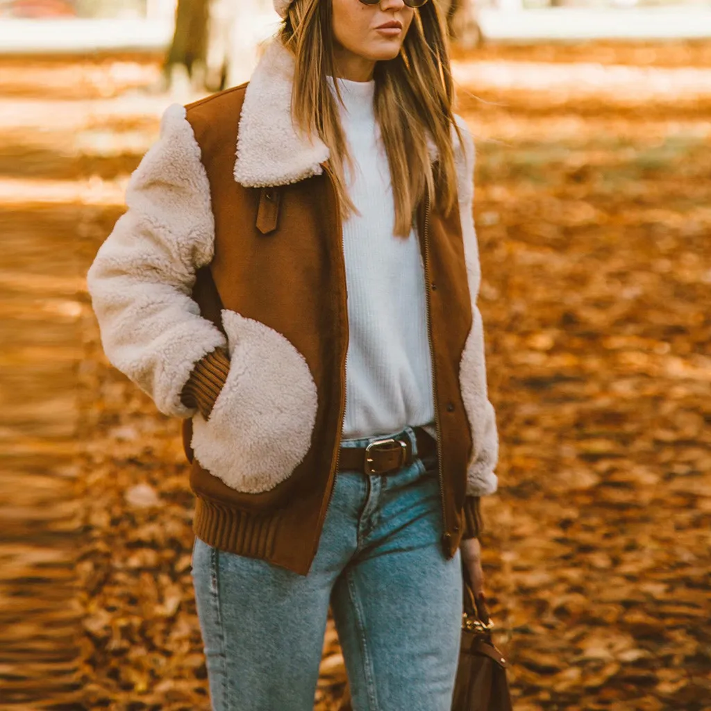 

Winter Womens Warm Jacket Faux Fur Splice Zipper Coat Jacket Outerwear Turn-down Collar coats and jackets women Pockage 2019