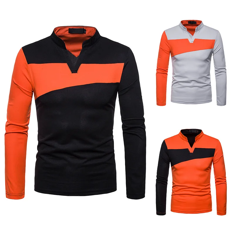 

2018 Autumn And Winter New Style Hot Selling Men Irregular Joint Long Sleeve Large Size Henry Collar Polo Shirt Men's