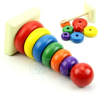 

Baby Kid Education Wooden Toy Stacking Nest Learning Stack Up Rainbow Tower Ring R9UE