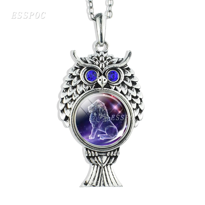 12 созвездий кнопка со знаками бижутерия со стеклянными кабошонами серебряный кулон в форме милой совы ожерелье Зодиак день рождения подарки для женщин - Окраска металла: Leo