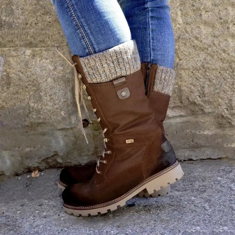 Botas básicas de media caña para mujer, botas de plataforma con cremallera y punta redonda, zapatos cálidos con cordones, para invierno, 2020