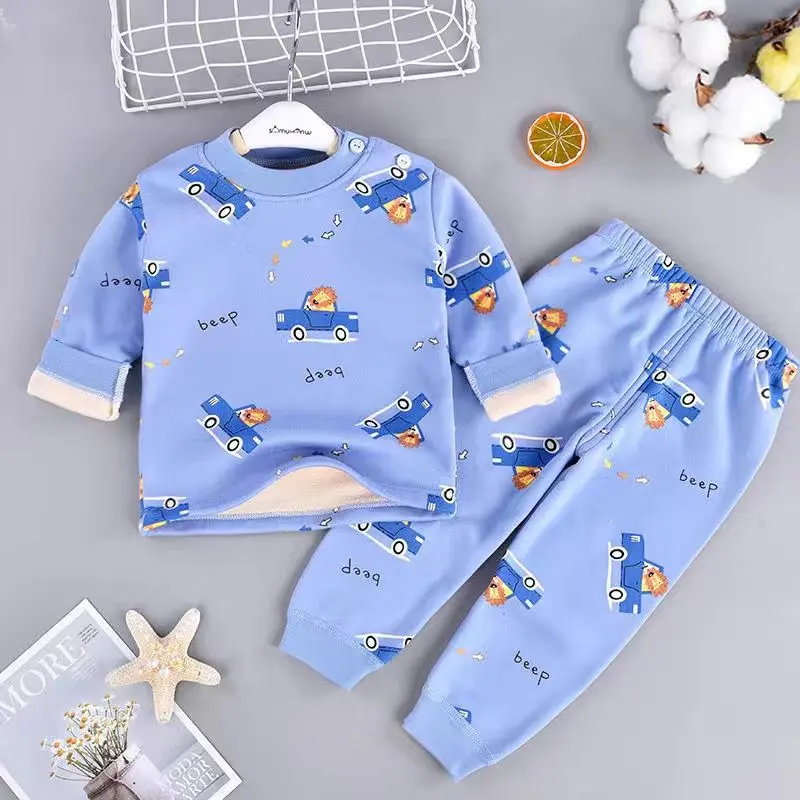 sleepwear for boy Kids Pajamas Sets Baby Boys Girls Velvet Warm Long T-shirt+Pants Pyjamas Cartoon Children Clothing Autumn Winter Sleepwear Suit children's robe and slipper set Sleepwear & Robes