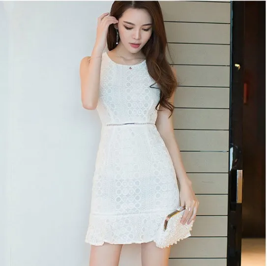 

2017 New Style Summer Wear Korean-style Elegant Crew Neck Hollow out Gauze Joint Flounced Dress Women's